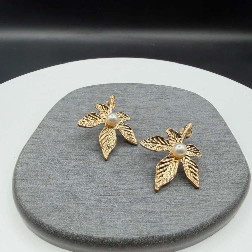 Gold Tone Pearl Leaf Drop Earrings Botanical Cottagecore Statement Jewelry Gift